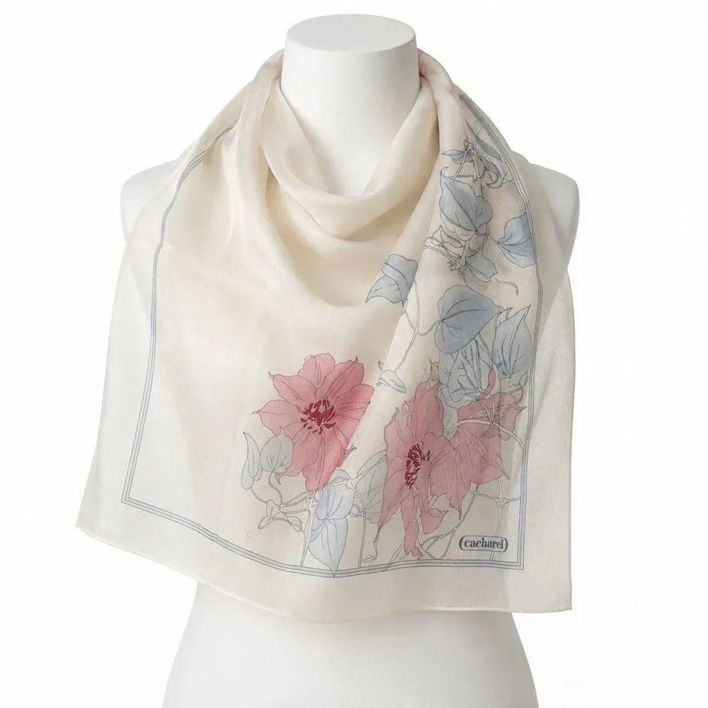Vintage Cacharel Silk Floral Scarf ”Pastels Colors Hand Rolled